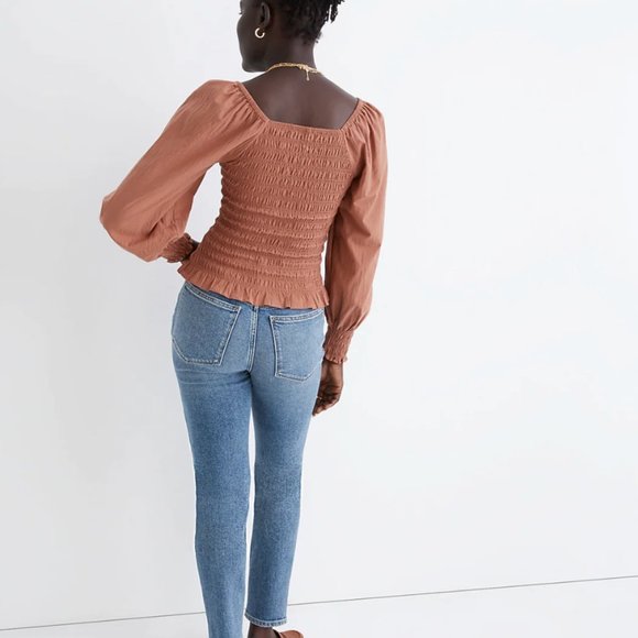 Madewell Lucie Bubble-Sleeve Smocked Top in Warm Umber Rust - Picture 4 of 7